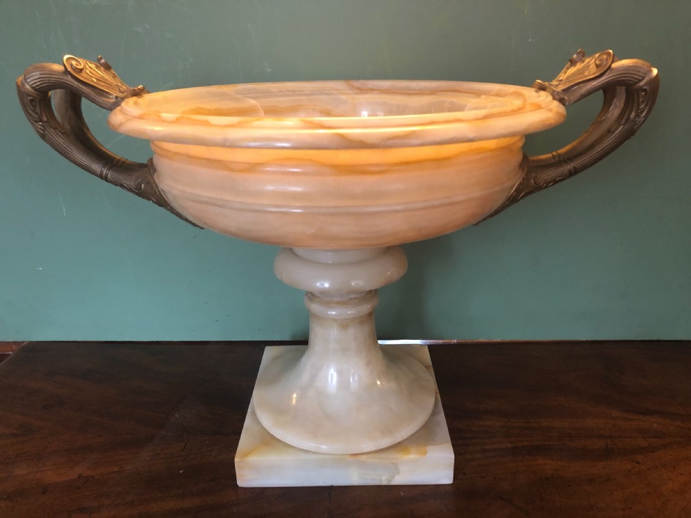 Magnificent large late C19th French classical Grecian-style Egyptian alabaster tazza with gilt-bronze handles. View XVIII