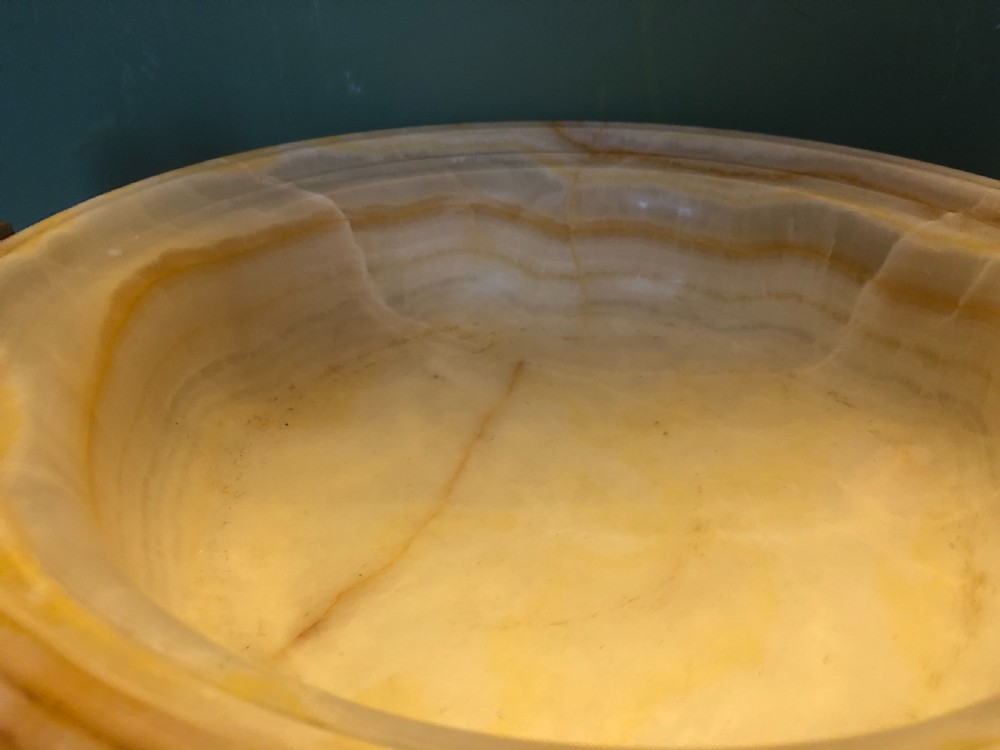 Magnificent large late C19th French classical Grecian-style Egyptian alabaster tazza with gilt-bronze handles. View XIX