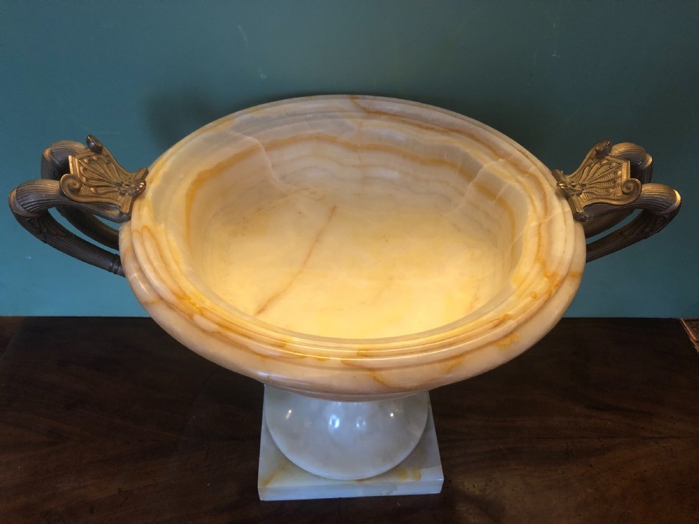 Magnificent large late C19th French classical Grecian-style Egyptian alabaster tazza with gilt-bronze handles. View XX