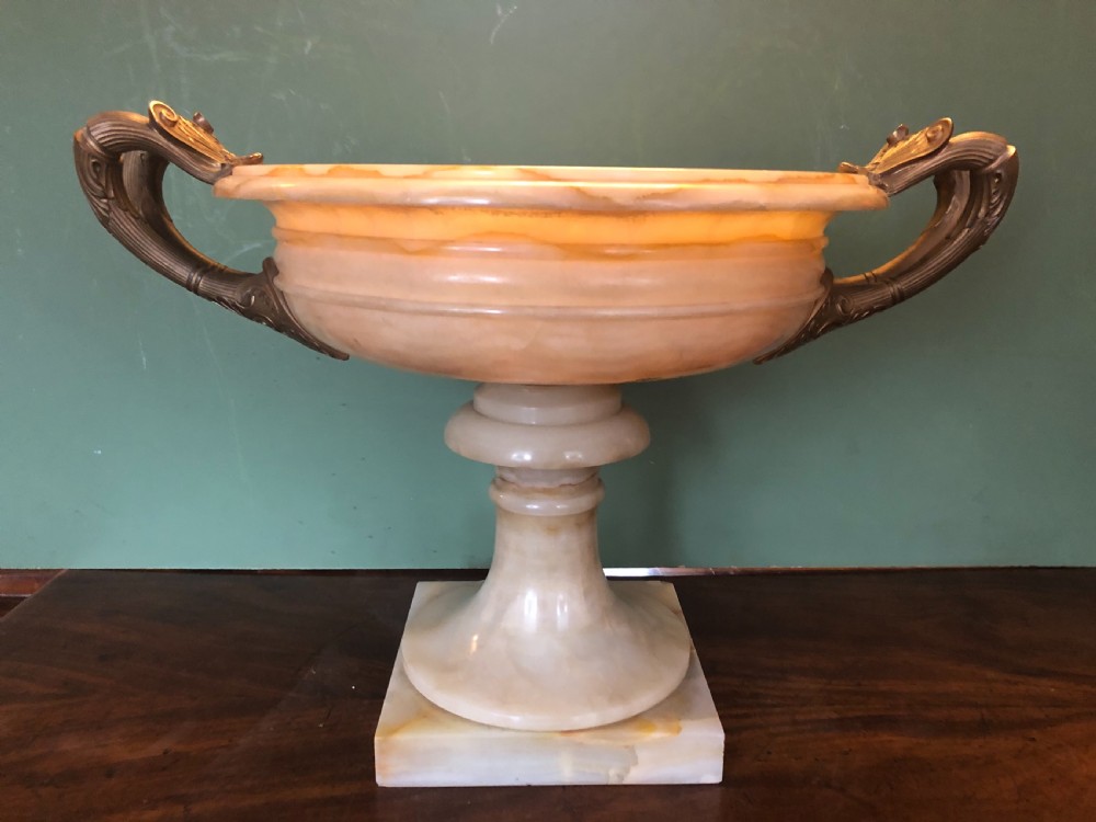 Magnificent large late C19th French classical Grecian-style Egyptian alabaster tazza with gilt-bronze handles. View XXIII