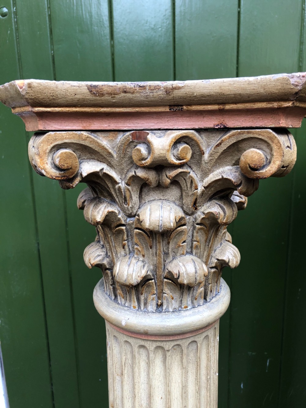 Pair of decorated early C19th carved wooden classical fluted columns with Corinthian capitals . View III