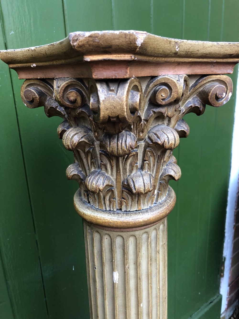 Pair of decorated early C19th carved wooden classical fluted columns with Corinthian capitals . View VIII