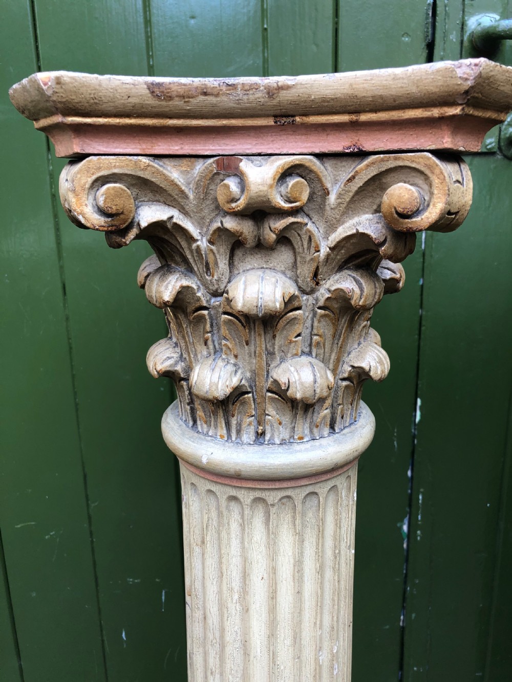 Pair of decorated early C19th carved wooden classical fluted columns with Corinthian capitals . View IX