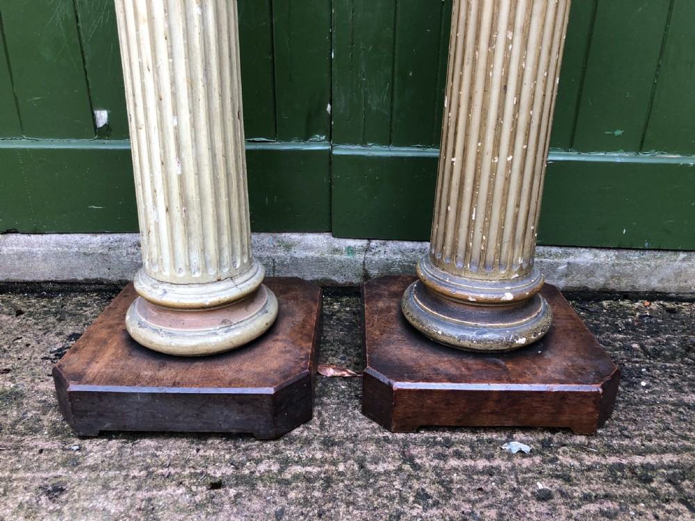 Pair of decorated early C19th carved wooden classical fluted columns with Corinthian capitals . View XI