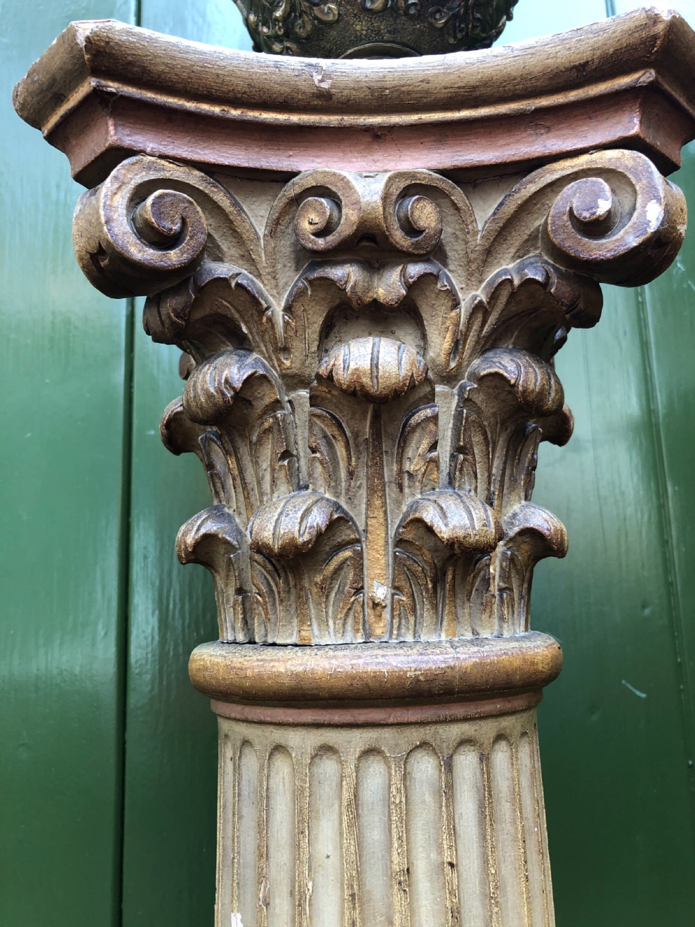 Pair of decorated early C19th carved wooden classical fluted columns with Corinthian capitals . View XV