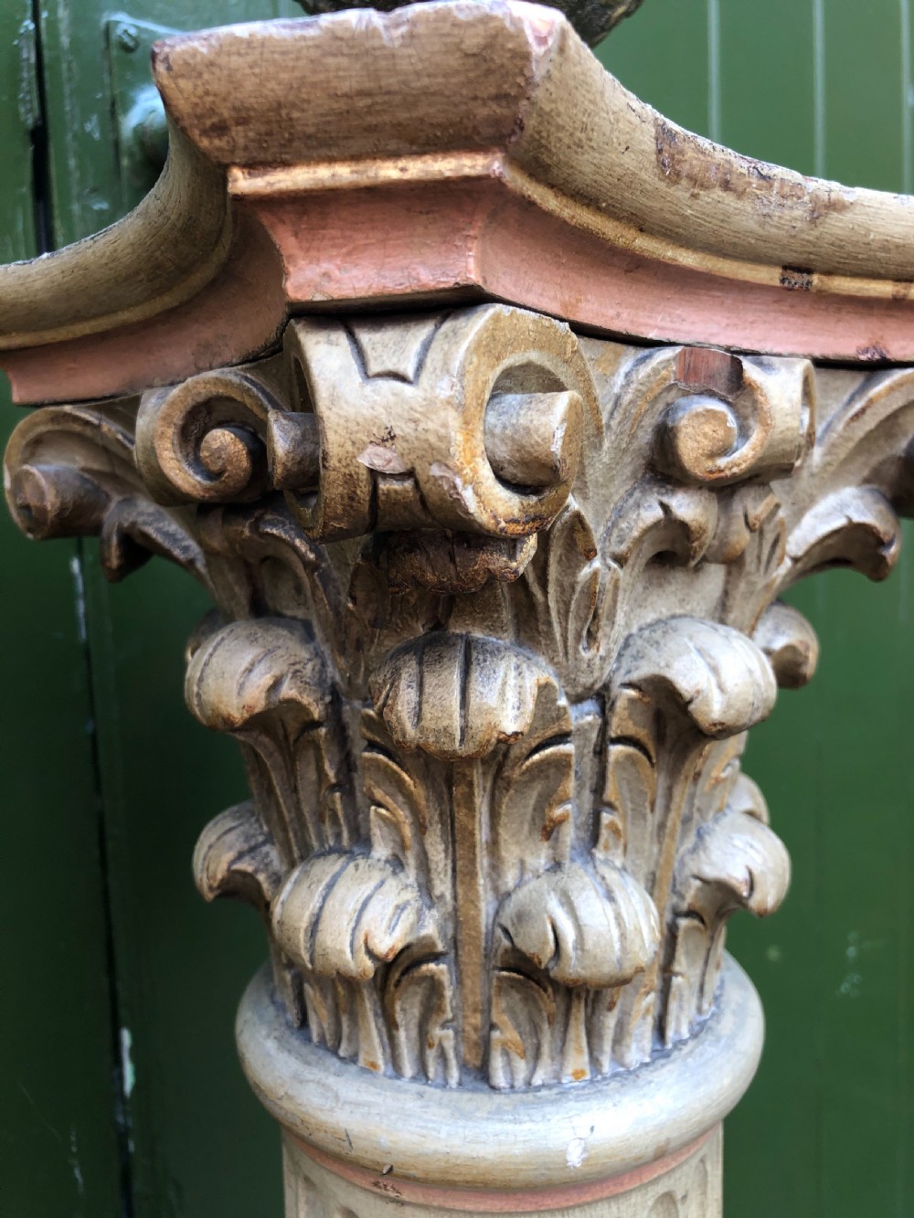 Pair of decorated early C19th carved wooden classical fluted columns with Corinthian capitals . View XVI