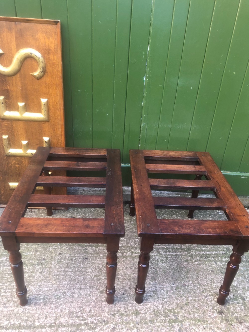 Scarce pair of mid C19th mahogany slatted-top luggage stands . View XI