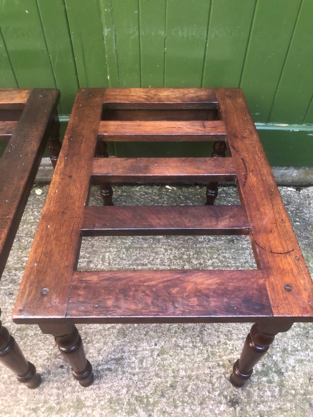 Scarce pair of mid C19th mahogany slatted-top luggage stands . View XIV