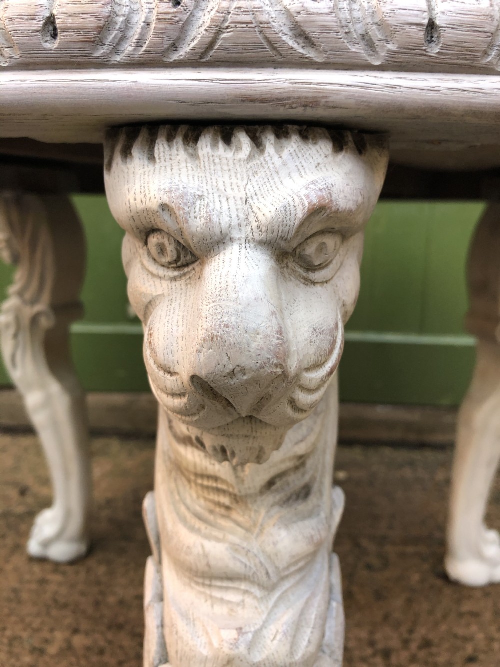 Late C19th decorated circular carved carved table with marble top on ancient Roman style lion monopodia supports. View XVIII