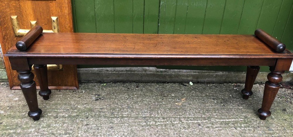 C19th William IV mahogany hall bench or seat with roll or rule ends .  View II