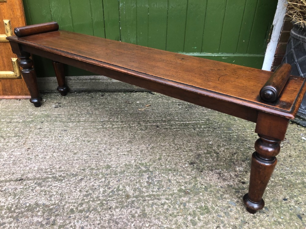 C19th William IV mahogany hall bench or seat with roll or rule ends .  View V