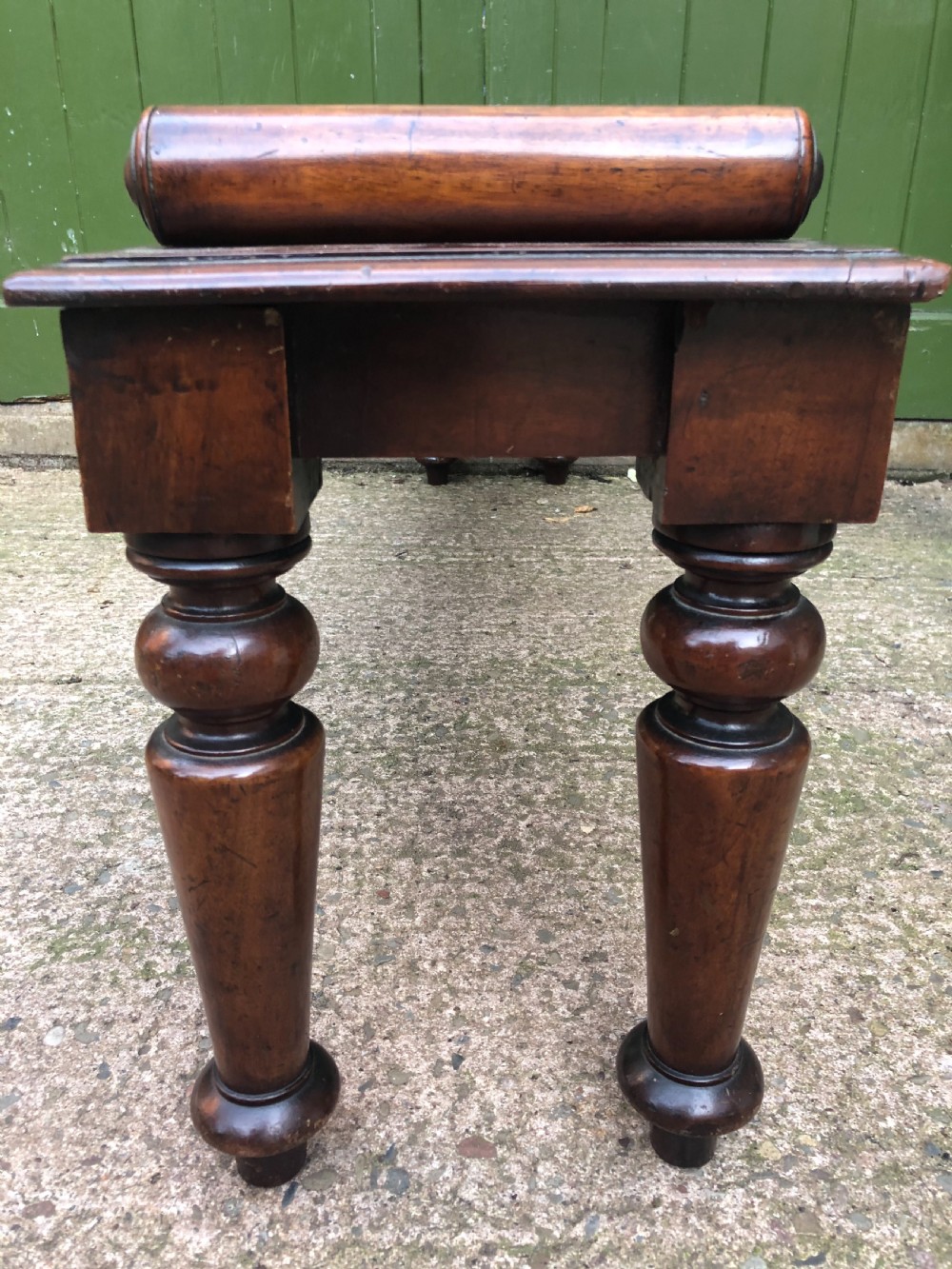C19th William IV mahogany hall bench or seat with roll or rule ends .  View VI