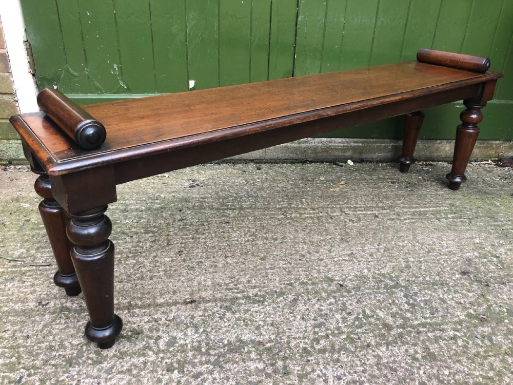 C19th William IV mahogany hall bench or seat with roll or rule ends .  View XII