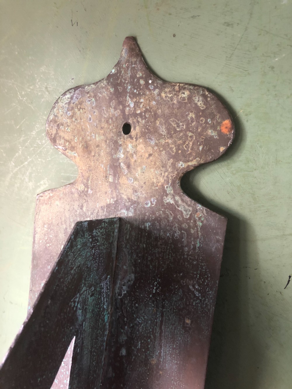 Large C19th verdigris copper wall-mounting sun-dial gnomen in C18th style . View IV