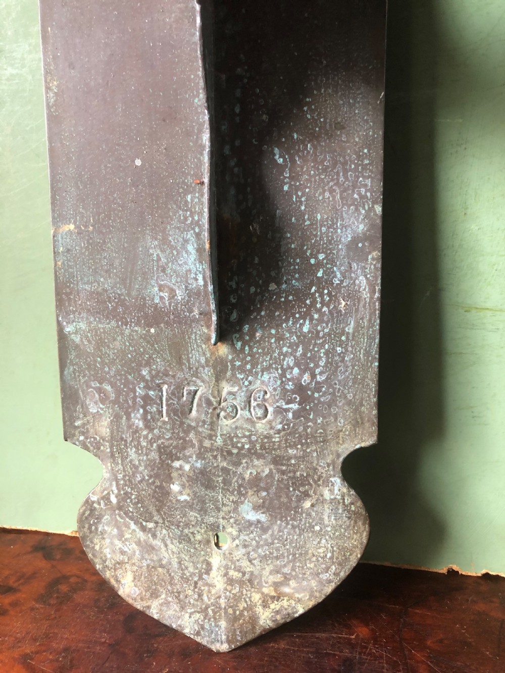 Large C19th verdigris copper wall-mounting sun-dial gnomen in C18th style . View VII