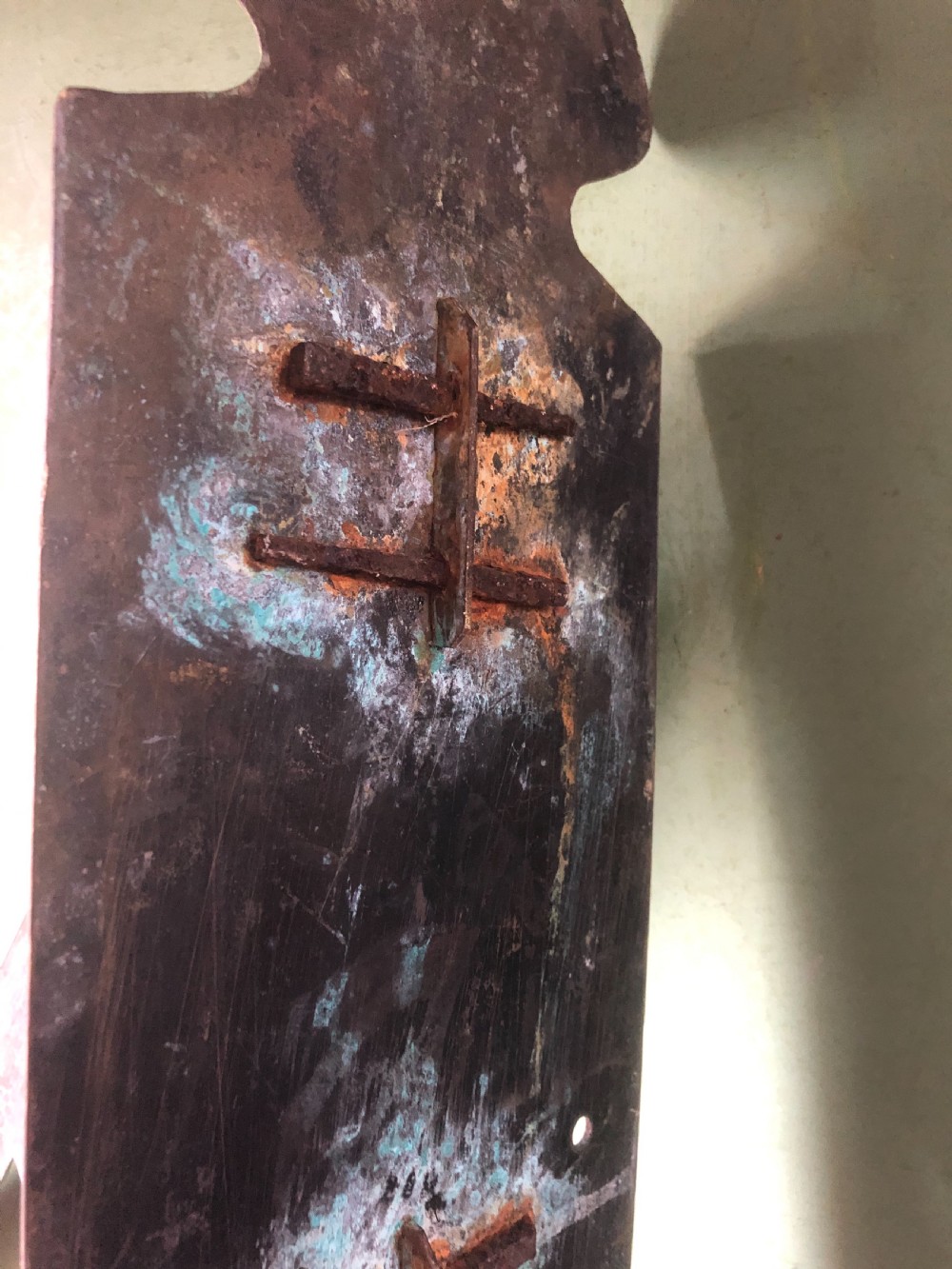 Large C19th verdigris copper wall-mounting sun-dial gnomen in C18th style . View VIII