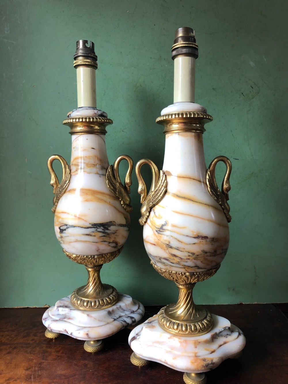 Pair of early C20th French marble and ormolu-mounted lamp bases in the Louis XVI style . View II