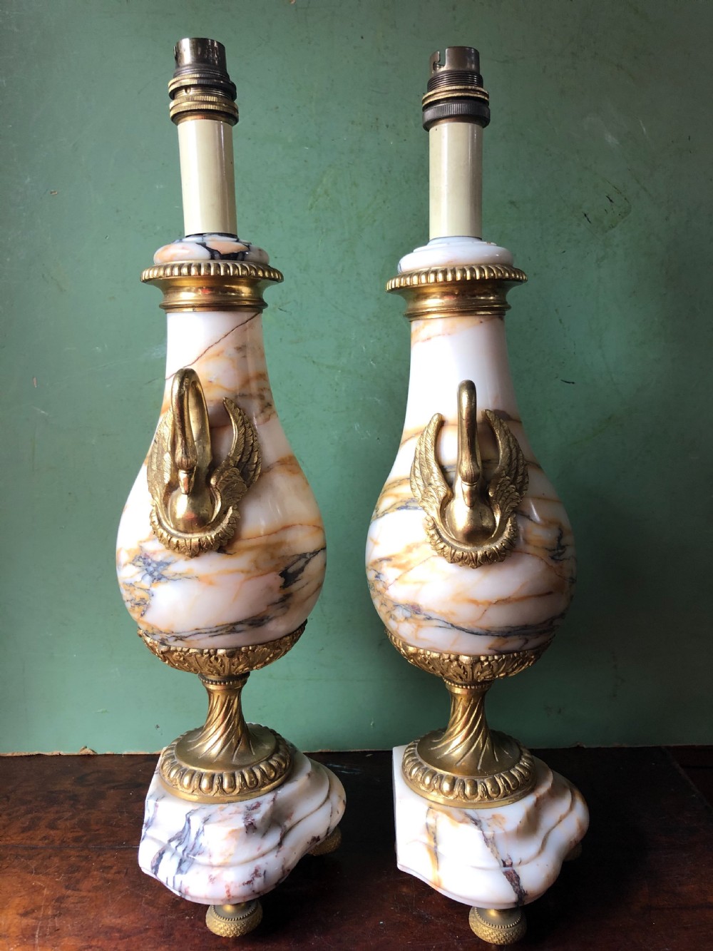 Pair of early C20th French marble and ormolu-mounted lamp bases in the Louis XVI style . View III