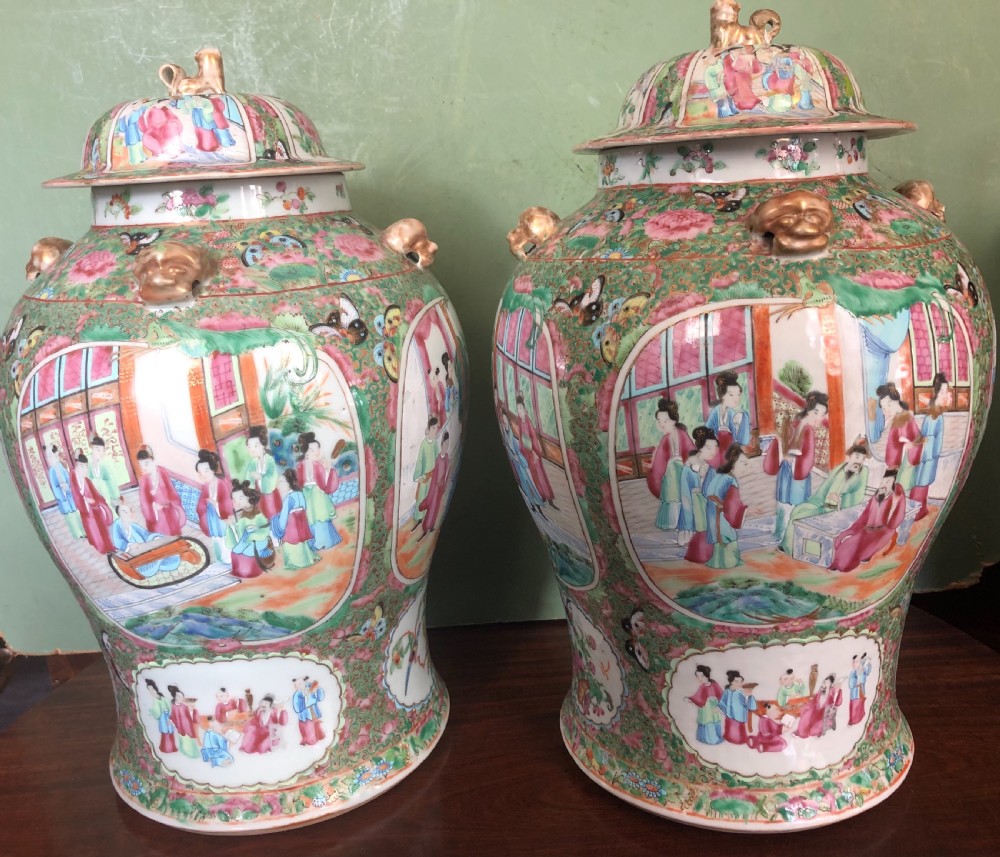 Pair of C19th Chinese Cantonese porcelain ‘famille rose’ enamel decorated vases and covers . View III