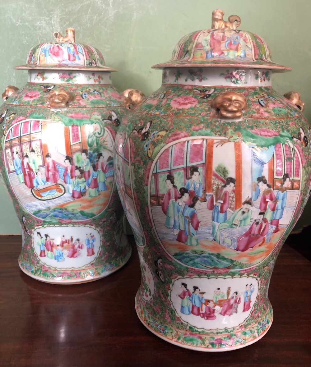 Pair of C19th Chinese Cantonese porcelain ‘famille rose’ enamel decorated vases and covers . View IV