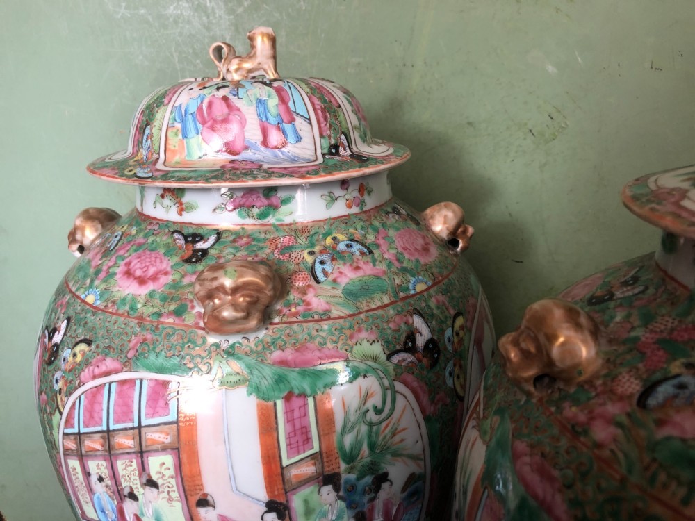 Pair of C19th Chinese Cantonese porcelain ‘famille rose’ enamel decorated vases and covers . View VI