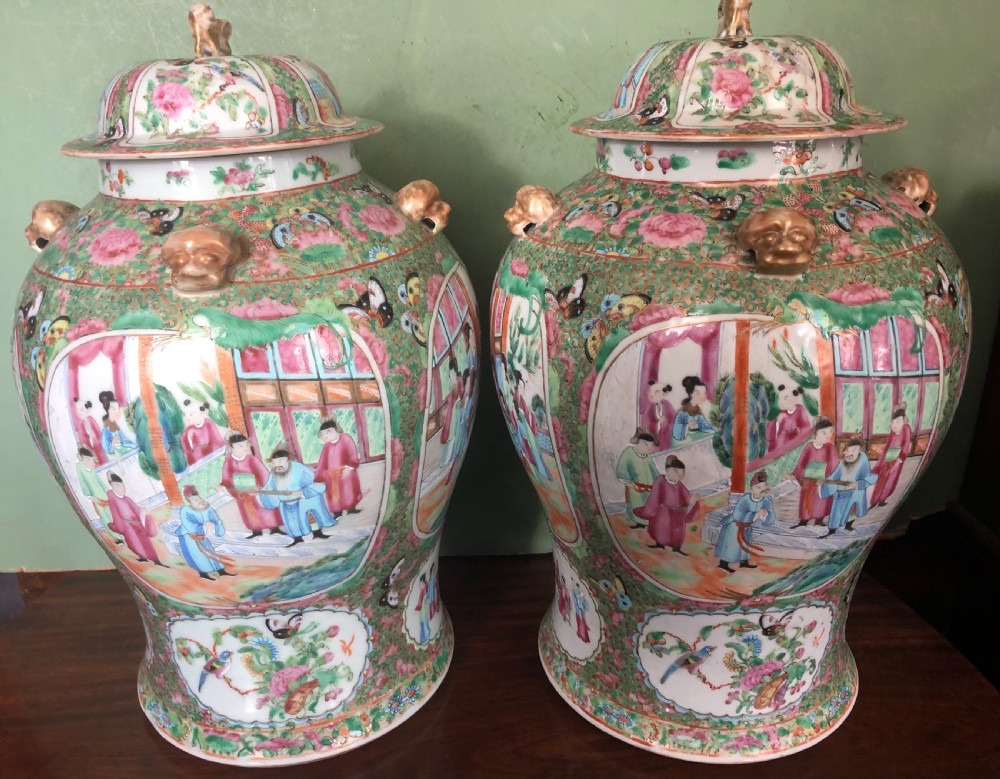 Pair of C19th Chinese Cantonese porcelain ‘famille rose’ enamel decorated vases and covers . View VII