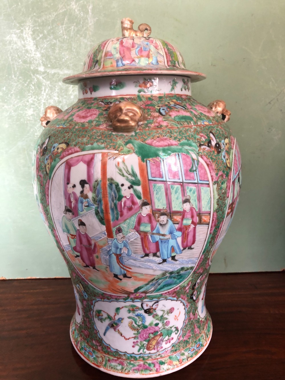Pair of C19th Chinese Cantonese porcelain ‘famille rose’ enamel decorated vases and covers . View IX