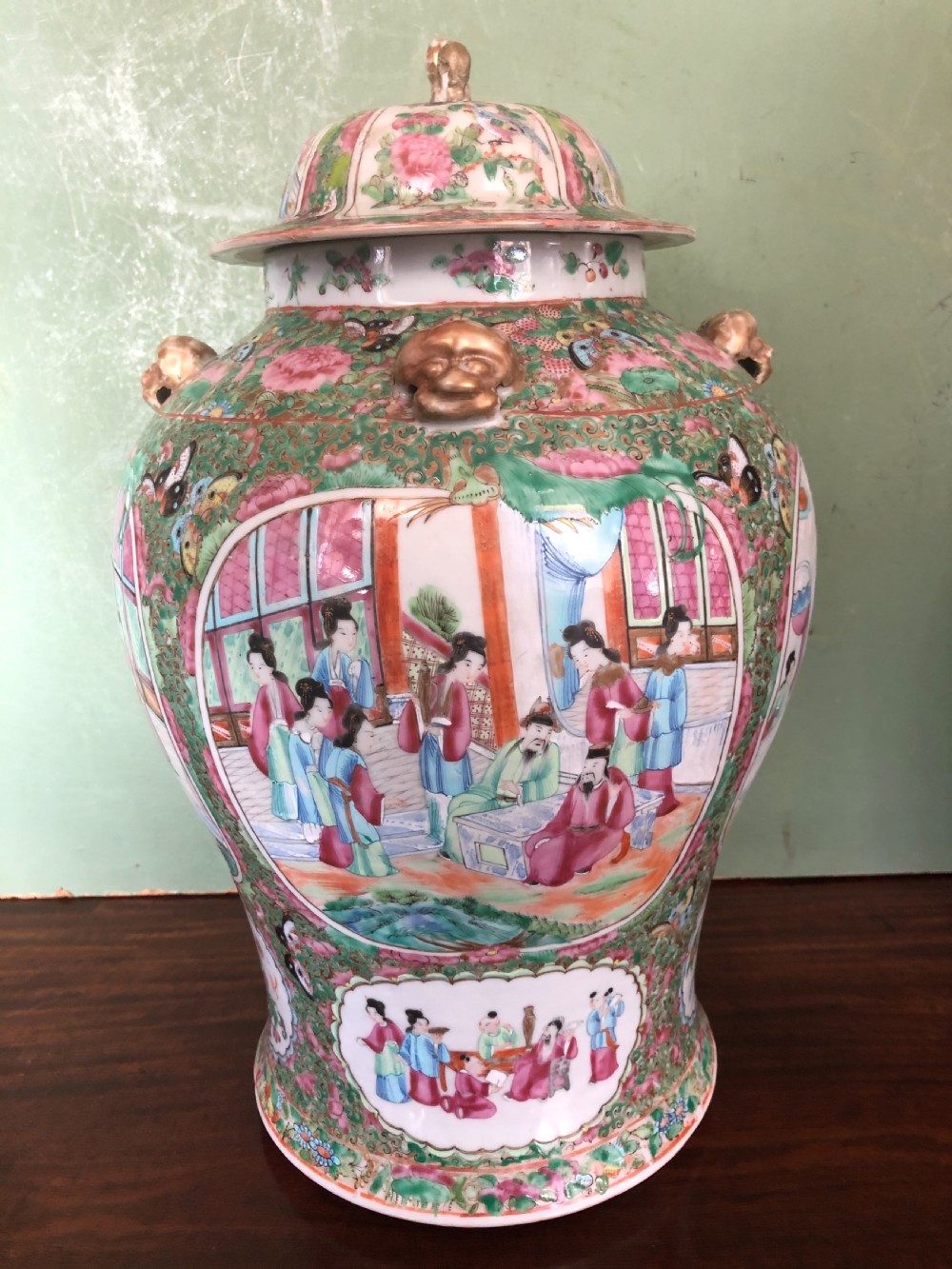 Pair of C19th Chinese Cantonese porcelain ‘famille rose’ enamel decorated vases and covers . View X