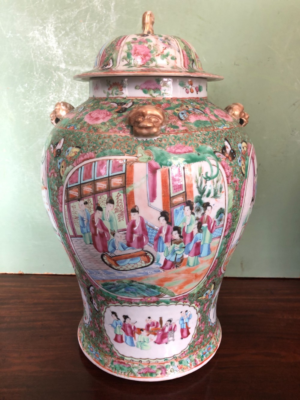 Pair of C19th Chinese Cantonese porcelain ‘famille rose’ enamel decorated vases and covers . View XI