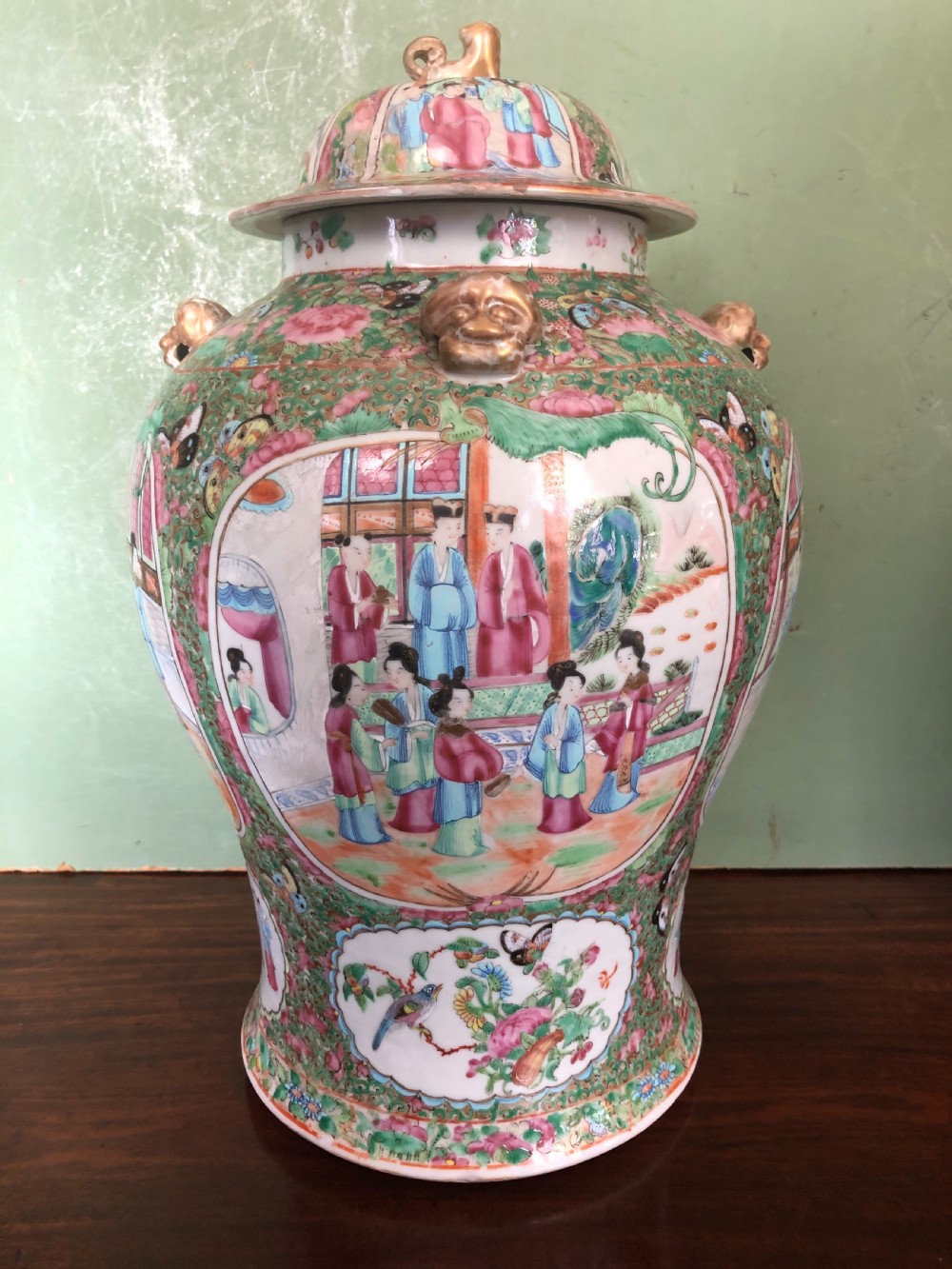 Pair of C19th Chinese Cantonese porcelain ‘famille rose’ enamel decorated vases and covers . View XII