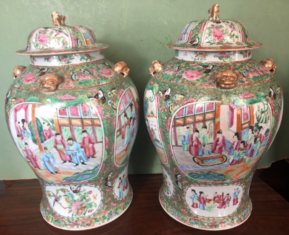 Pair of C19th Chinese Cantonese porcelain ‘famille rose’ enamel decorated vases and covers . View XIII