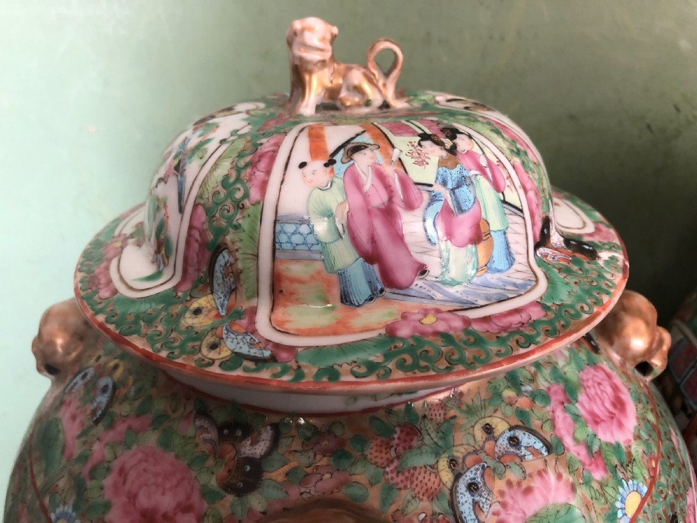 Pair of C19th Chinese Cantonese porcelain ‘famille rose’ enamel decorated vases and covers . View XIV