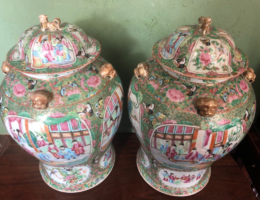 Pair of C19th Chinese Cantonese porcelain ‘famille rose’ enamel decorated vases and covers . View XV
