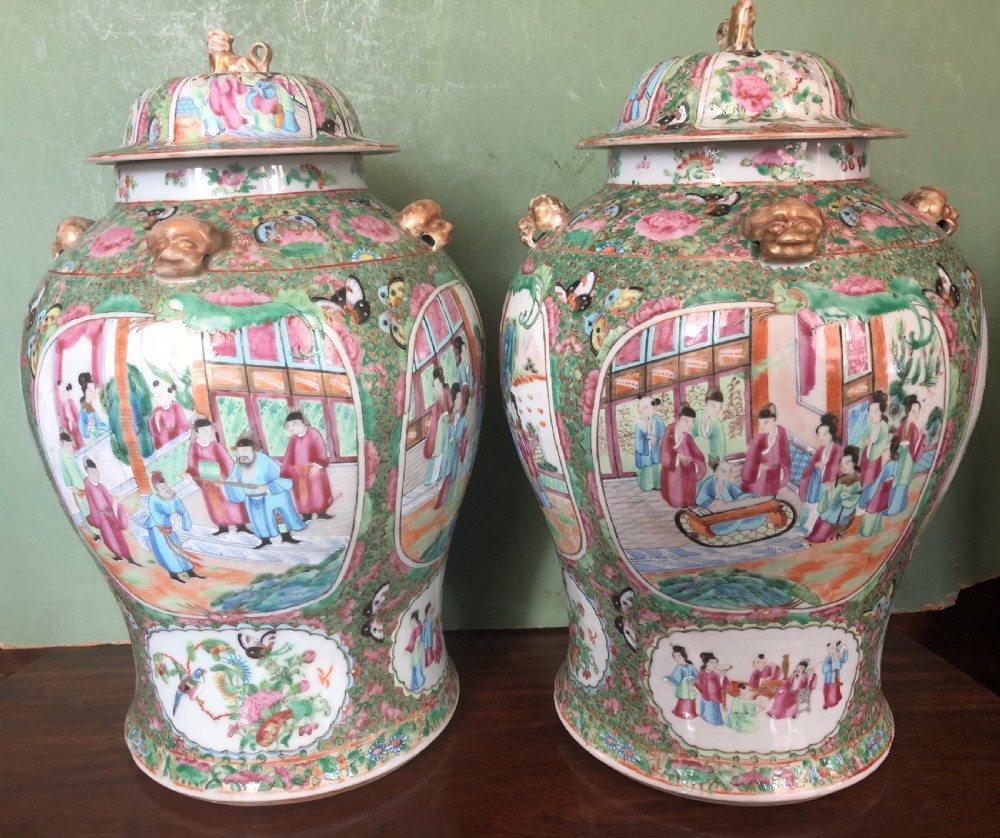 Pair of C19th Chinese Cantonese porcelain ‘famille rose’ enamel decorated vases and covers . View XVI