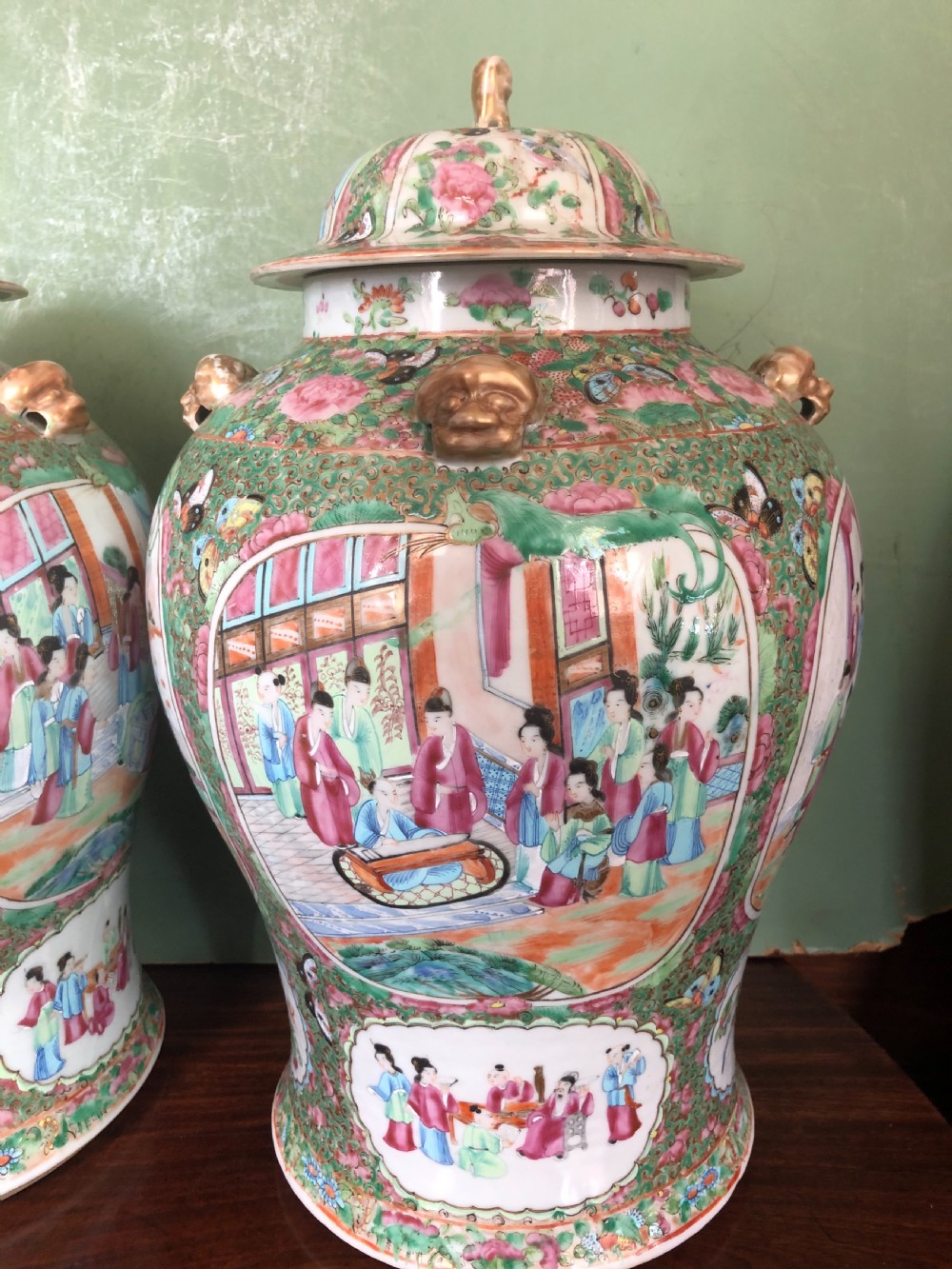 Pair of C19th Chinese Cantonese porcelain ‘famille rose’ enamel decorated vases and covers . View XVII