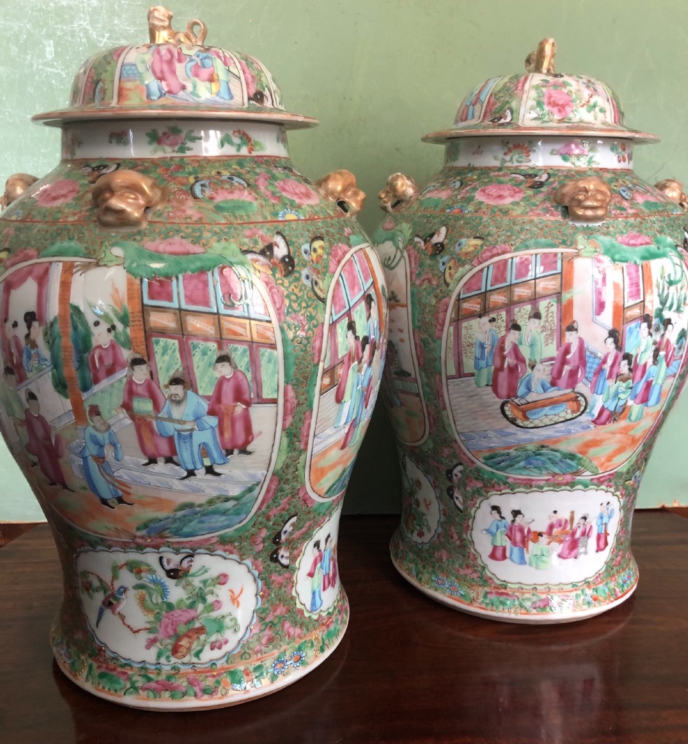 Pair of C19th Chinese Cantonese porcelain ‘famille rose’ enamel decorated vases and covers . View XX