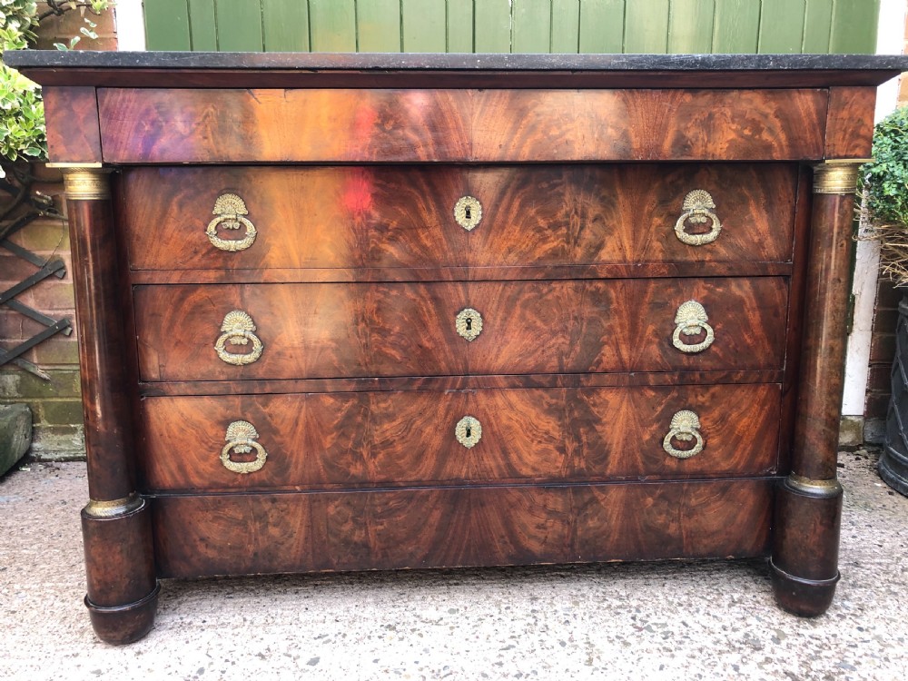 Early C19th French Empire-style mahogany marble-topped commode chest . View XVI