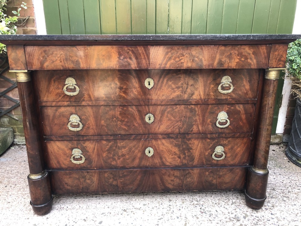 Early C19th French Empire-style mahogany marble-topped commode chest .