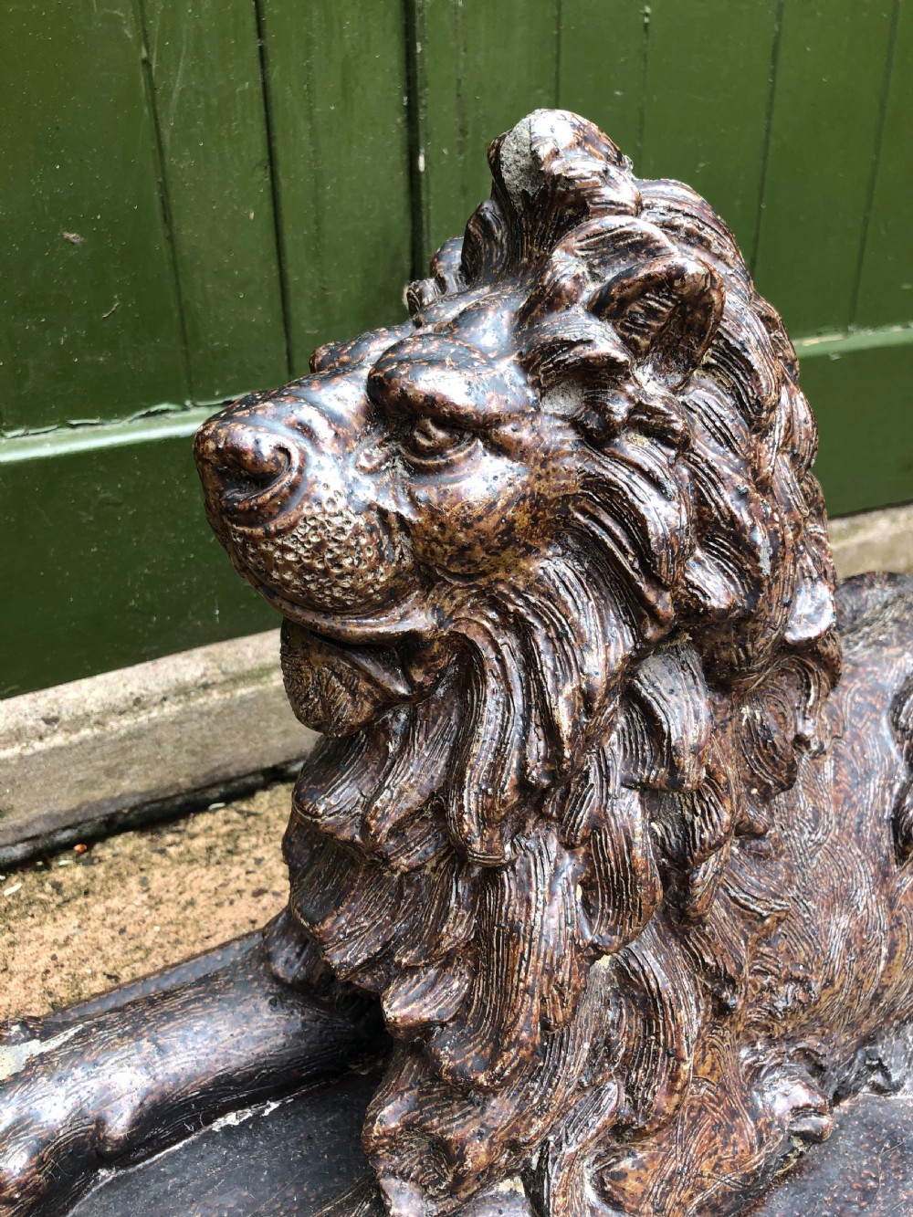Late C19th salt-glaze pottery sculpture of a lion . View III
