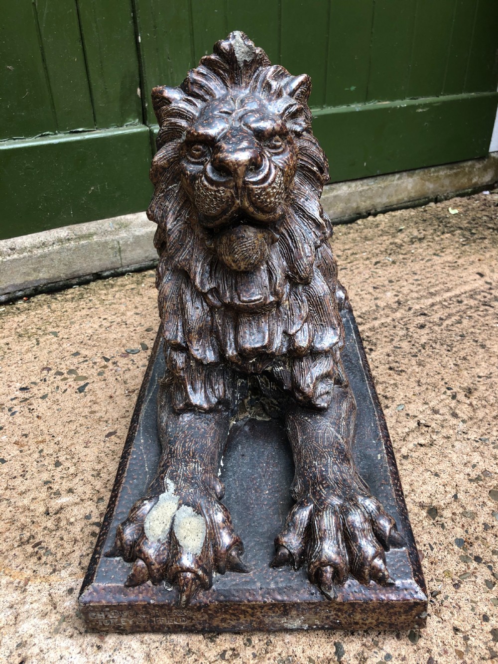 Late C19th salt-glaze pottery sculpture of a lion . View VI
