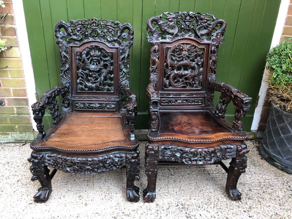 Magnificent ‘matched pair’ of late C19th Chinese Qing Dynasty carved hardwood ‘hongmu’  throne-style armchairs. View II