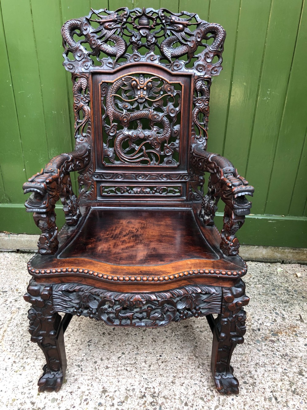 Magnificent ‘matched pair’ of late C19th Chinese Qing Dynasty carved hardwood ‘hongmu’  throne-style armchairs. View III