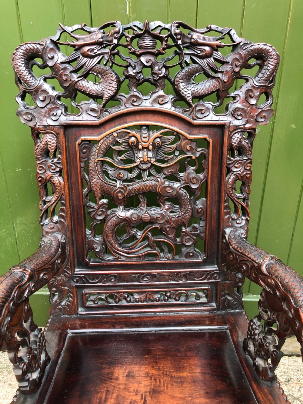 Magnificent ‘matched pair’ of late C19th Chinese Qing Dynasty carved hardwood ‘hongmu’  throne-style armchairs. View IV