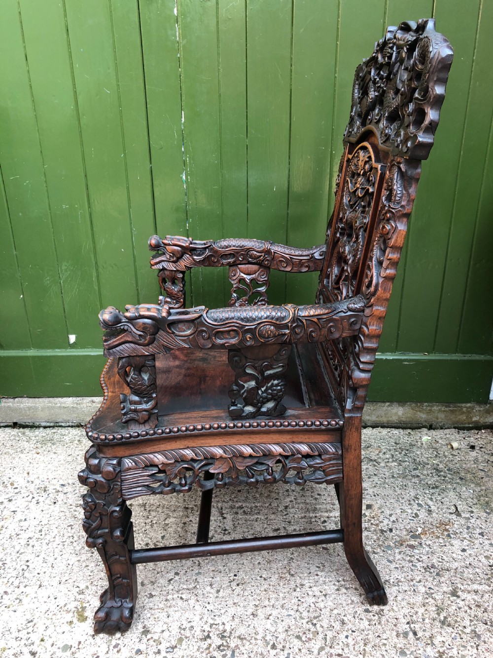 Magnificent ‘matched pair’ of late C19th Chinese Qing Dynasty carved hardwood ‘hongmu’  throne-style armchairs. View V