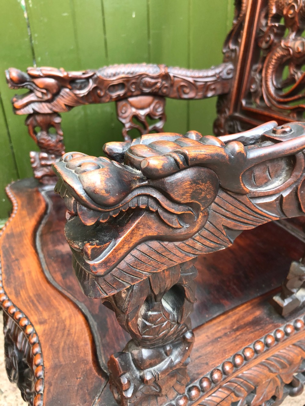 Magnificent ‘matched pair’ of late C19th Chinese Qing Dynasty carved hardwood ‘hongmu’  throne-style armchairs. View VI