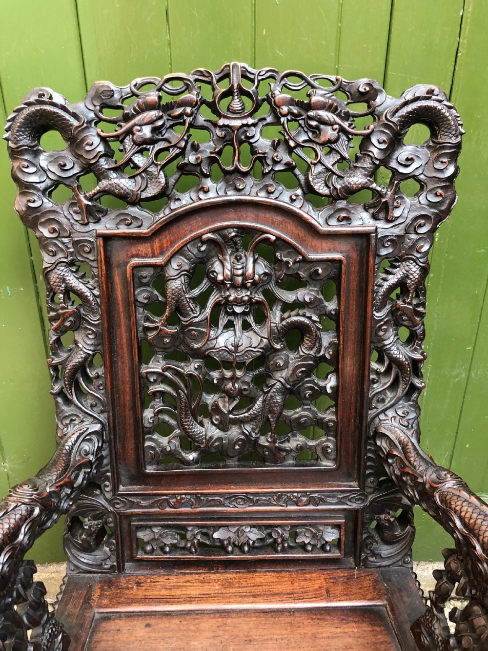 Magnificent ‘matched pair’ of late C19th Chinese Qing Dynasty carved hardwood ‘hongmu’  throne-style armchairs. View VII