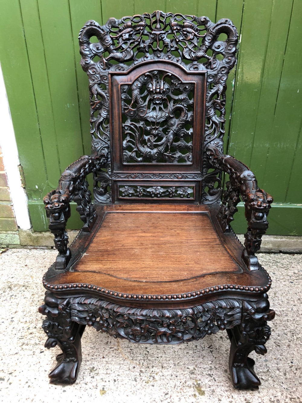 Magnificent ‘matched pair’ of late C19th Chinese Qing Dynasty carved hardwood ‘hongmu’  throne-style armchairs. View VIII