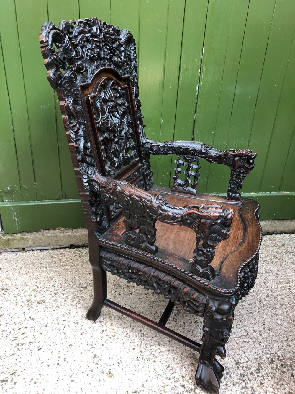 Magnificent ‘matched pair’ of late C19th Chinese Qing Dynasty carved hardwood ‘hongmu’  throne-style armchairs. View IX