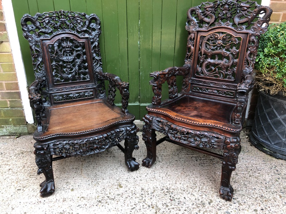 Magnificent ‘matched pair’ of late C19th Chinese Qing Dynasty carved hardwood ‘hongmu’  throne-style armchairs. View X