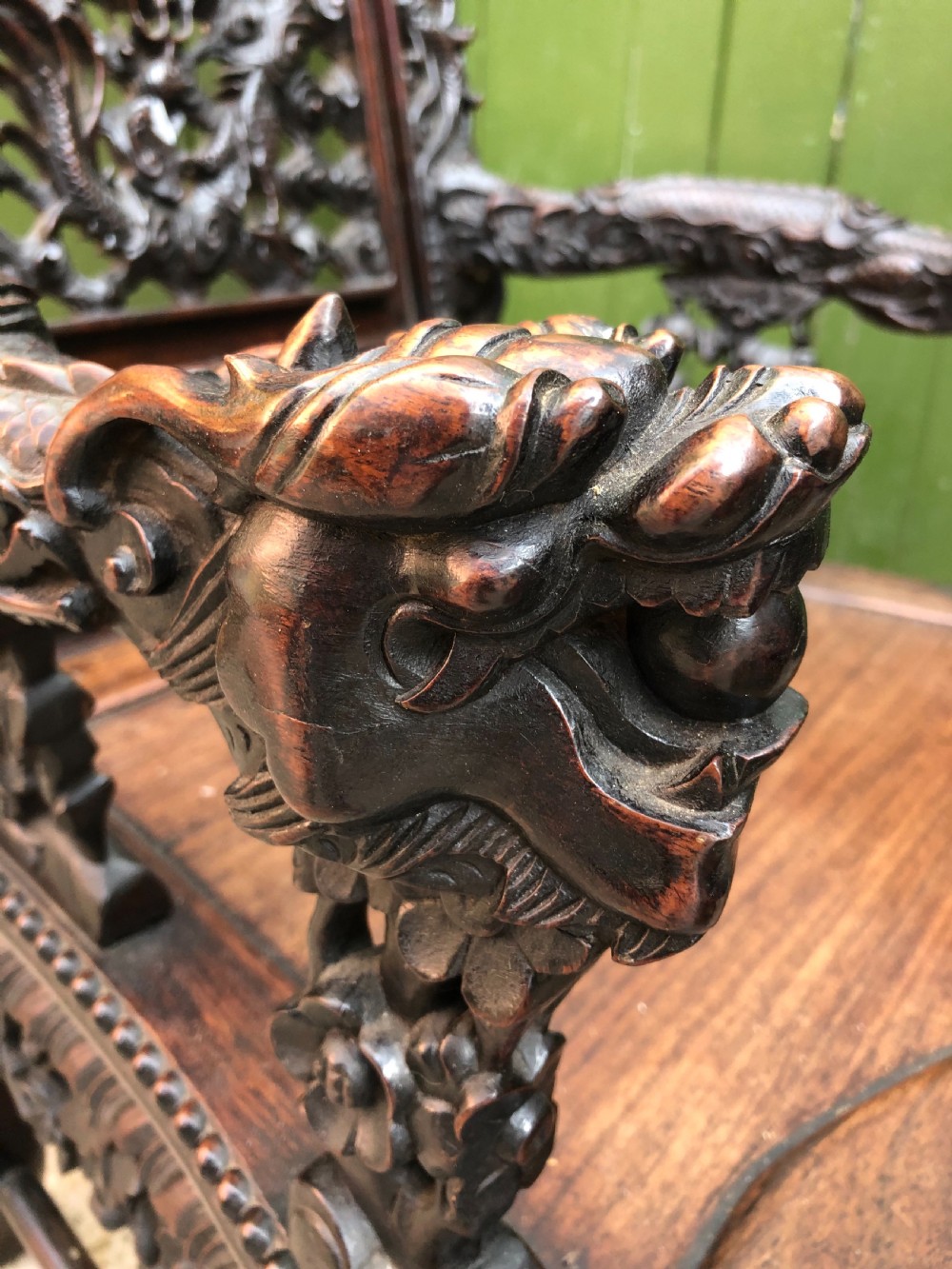 Magnificent ‘matched pair’ of late C19th Chinese Qing Dynasty carved hardwood ‘hongmu’  throne-style armchairs. View XI